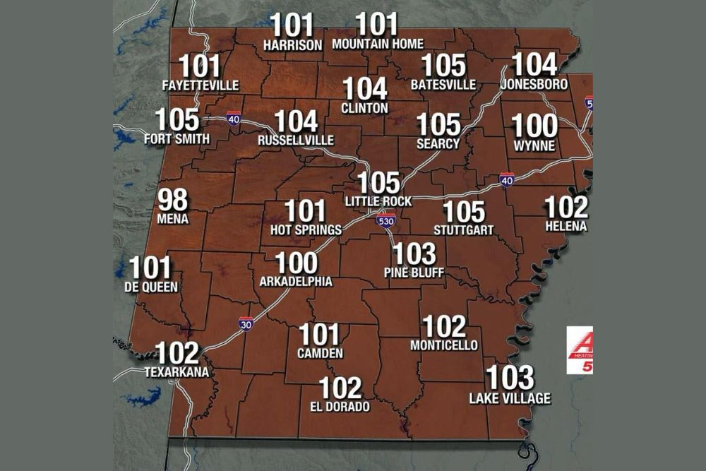 Arkansas Braces for Hottest Day of the Year as Statewide Sunday Highs Reach 105 Degrees in Little Rock, Fort Smith, and Searcy
