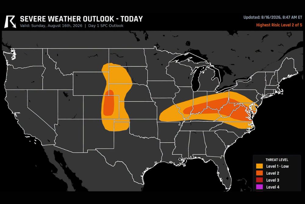 Damaging Wind Gusts, Large Hail, and Isolated Tornado Risk Threaten Virginia, West Virginia, and Colorado Springs Sunday Afternoon Into Evening