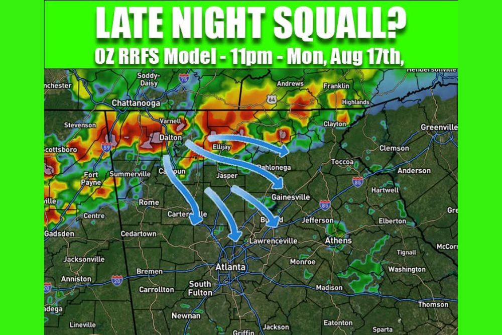 Potential Squall Line Threatens North Georgia Monday Night With Slight Risk of Severe Weather Targeting Atlanta, Dalton, and Gainesville