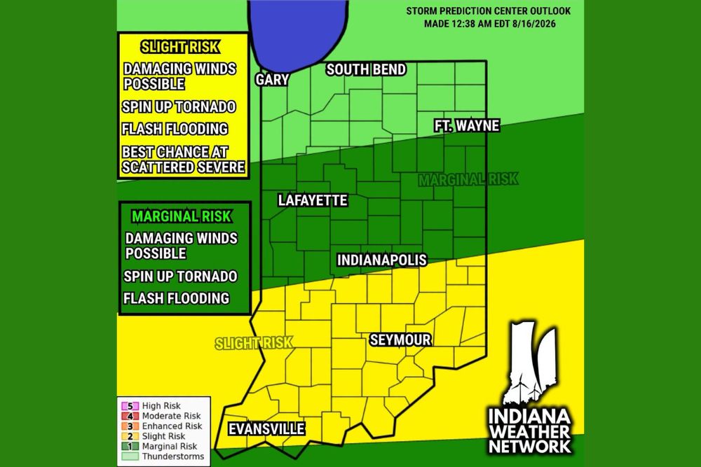 Slight and Marginal Severe Storm Risk Brings Damaging Winds, Isolated Tornado Threat, and Flash Flooding to Indianapolis, Seymour, and Evansville Today